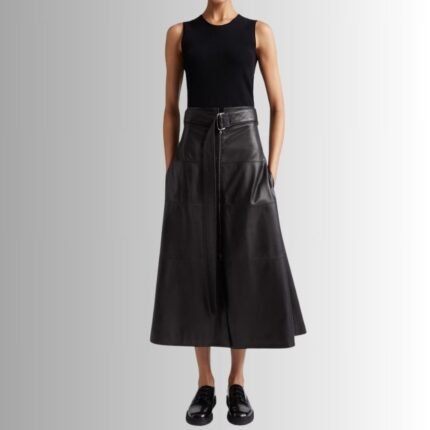 Black leather A-line skirt - Full-length