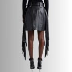 "Black leather fringe skirt - back view"