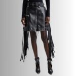 "Black leather fringe skirt - front view"