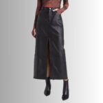 Black leather midi skirt - Front view