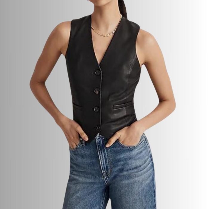 "Black leather vest womens front view"