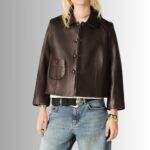 Brown Cropped Leather Jacket - Front View