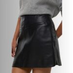 "Close-up of mini black leather skirt"