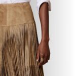 "Close-up view of suede fringe skirt"