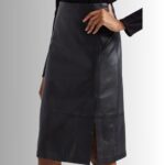 Close-up view of women's leather pencil skirt"
