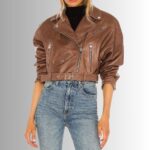 Cropped Brown Leather Jacket Women's - Front View