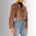 Cropped Brown Leather Jacket Women's - Side View
