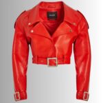 Cropped Red Leather Jacket - Front View