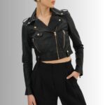 Cropped leather biker jacket-front view 1