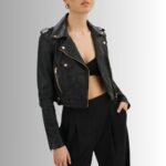 Cropped leather biker jacket-front view 2