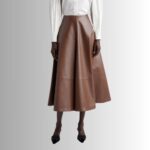 Front view of a stylish chocolate brown leather skirt
