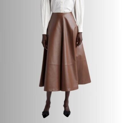 Front view of a stylish chocolate brown leather skirt