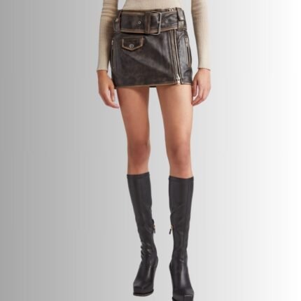 Front view of lambskin leather skirt in black color