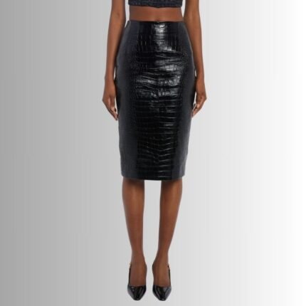 Front view of leather pencil midi skirt"