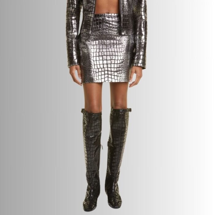 Front view of metallic leather mini skirt