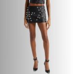 Front view of studded leather skirt