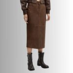 Front view of stylish brown leather midi skirt