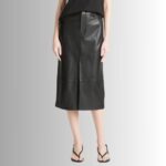 Front view of stylish leather A-line midi skirt