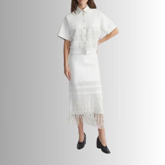 White Leather Fringe Skirt - Front View