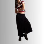 Front view of suede maxi skirt with slit detail