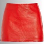 Full-length view of striking red leather mini skirt