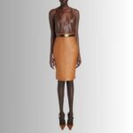 Full view of brown leather pencil skirt
