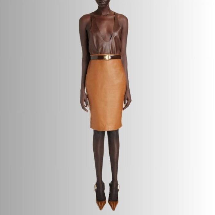 Full view of brown leather pencil skirt