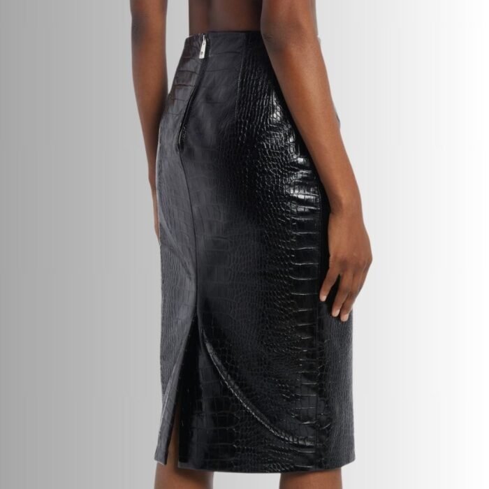 "Full view of leather pencil midi skirt"