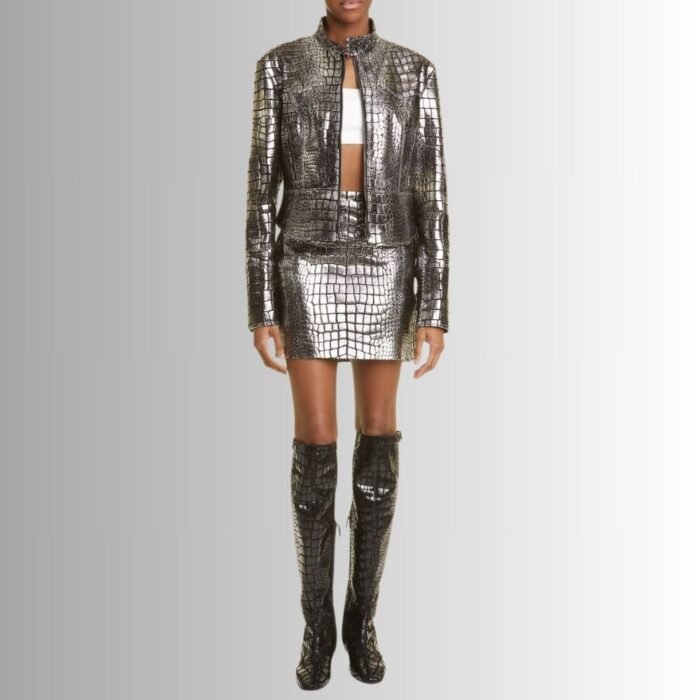 Full view of model wearing metallic leather mini skirt