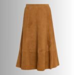Full view of stylish suede A-line skirt ensemble