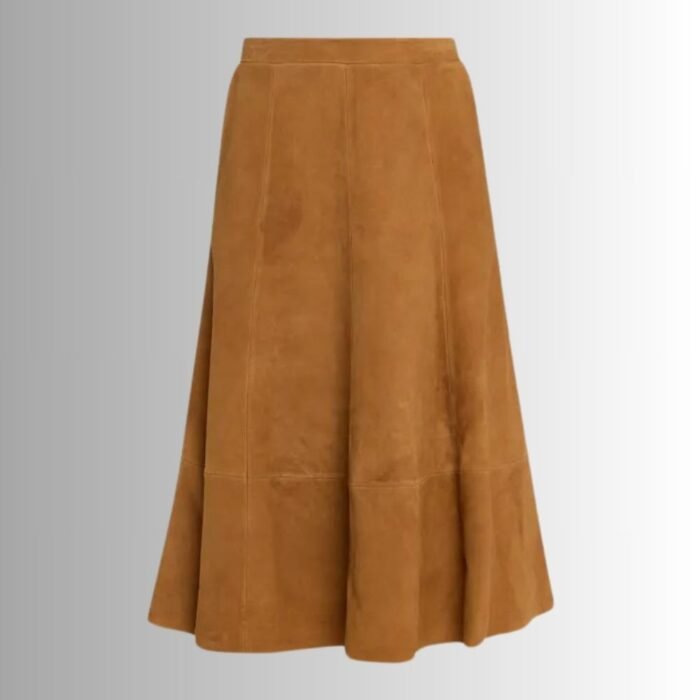 Full view of stylish suede A-line skirt ensemble