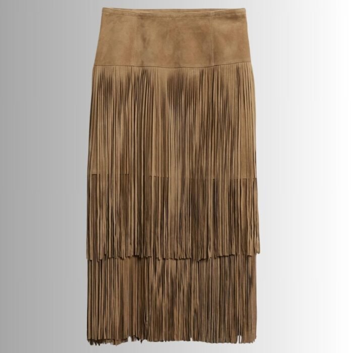 "Full view of suede fringe skirt"