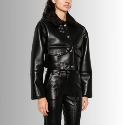 Leather jacket with fur collar-side view