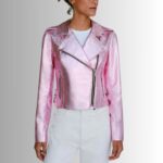 Pink metallic leather jacket-front view 1