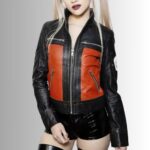 Red and black leather jacket-front view 2