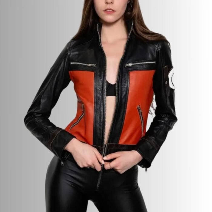 Red and black leather jacket-front view 3