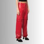 Red leather pants for women side view