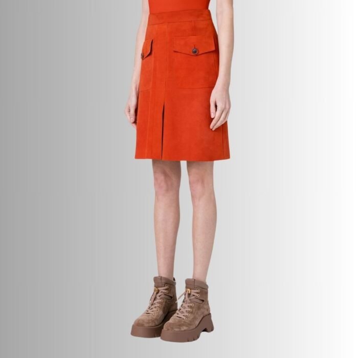 Red suede skirt side view