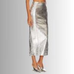 Side profile of stylish metallic leather skirt