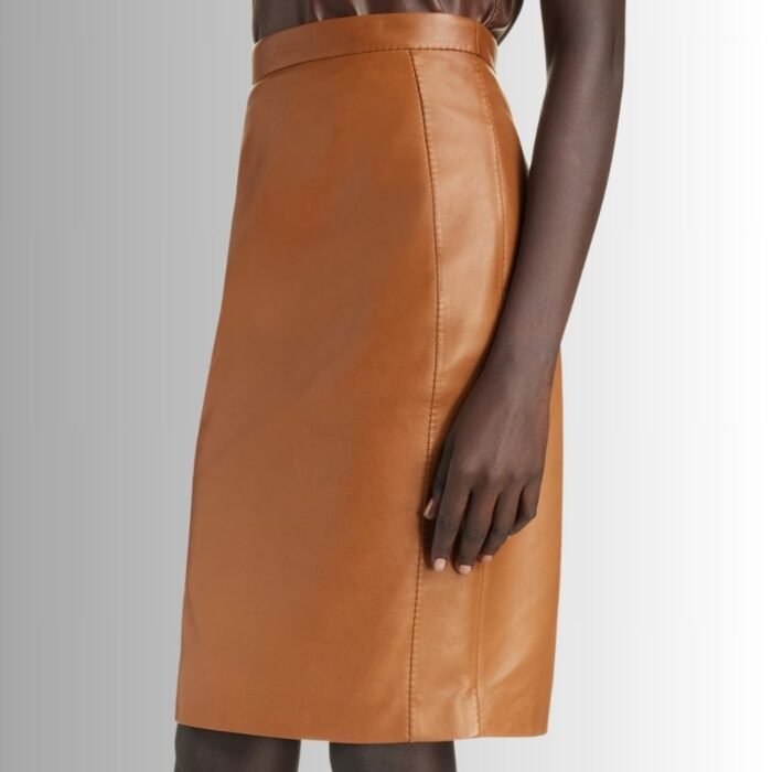 Side view of brown leather pencil skirt