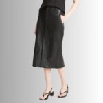 Side view of fashionable leather A-line midi skirt