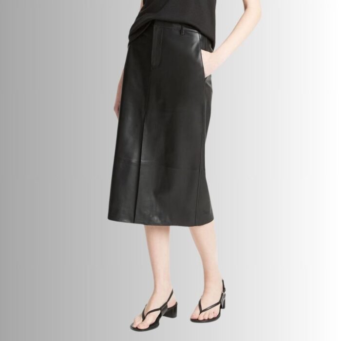 Side view of fashionable leather A-line midi skirt