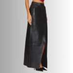 Side view of fashionable leather maxi skirt