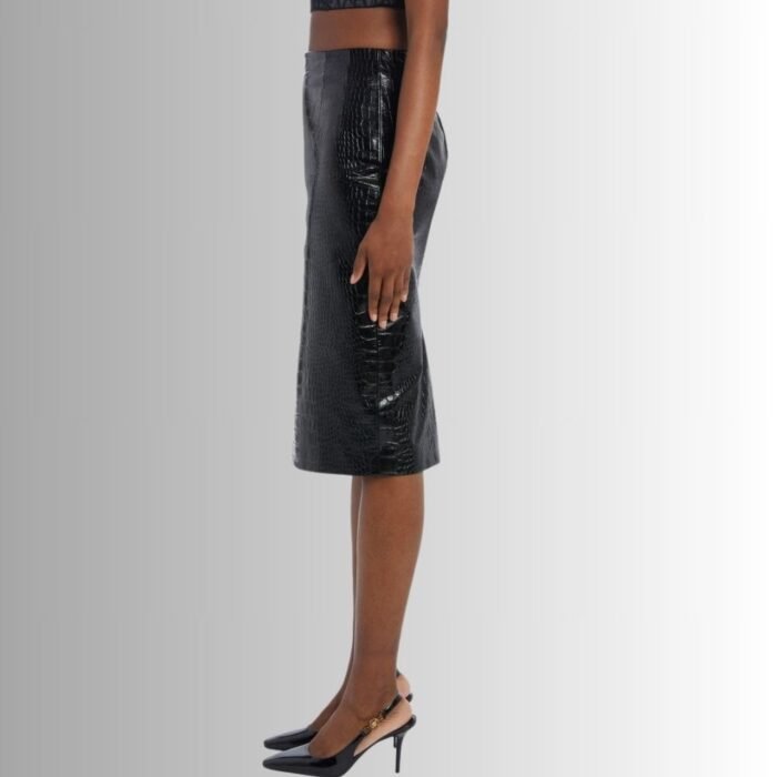 Side view of leather pencil midi skirt"