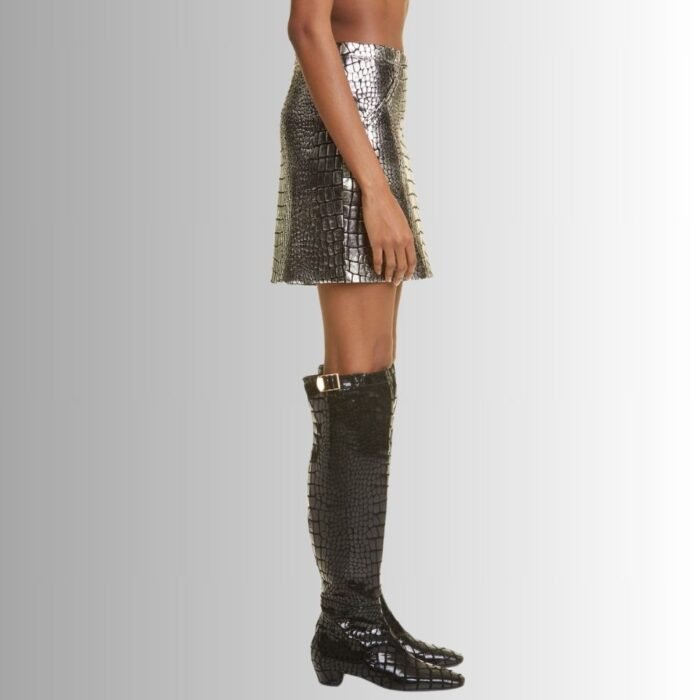 Side view of metallic leather mini skirt