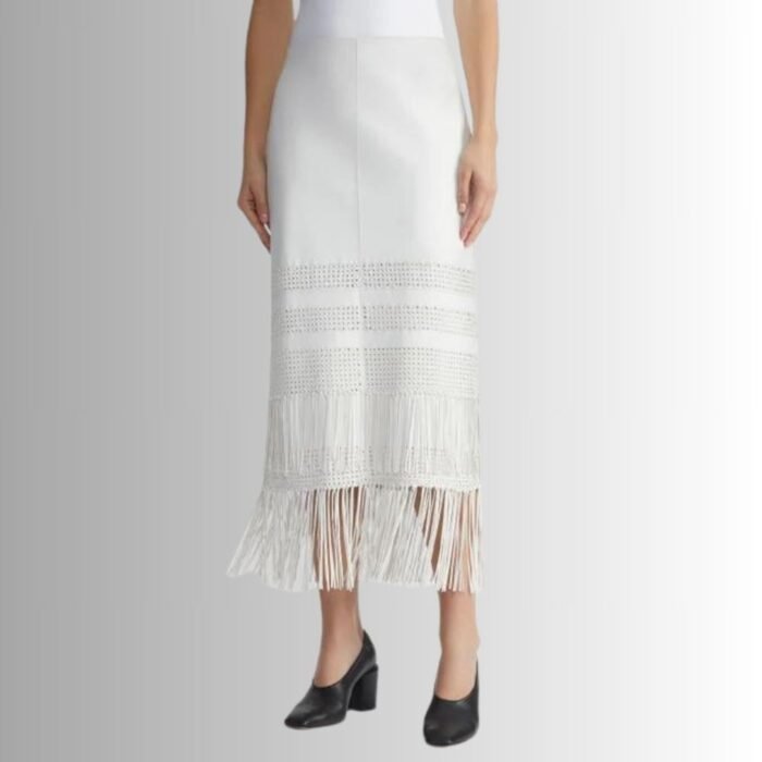 White Leather Fringe Skirt - Side View