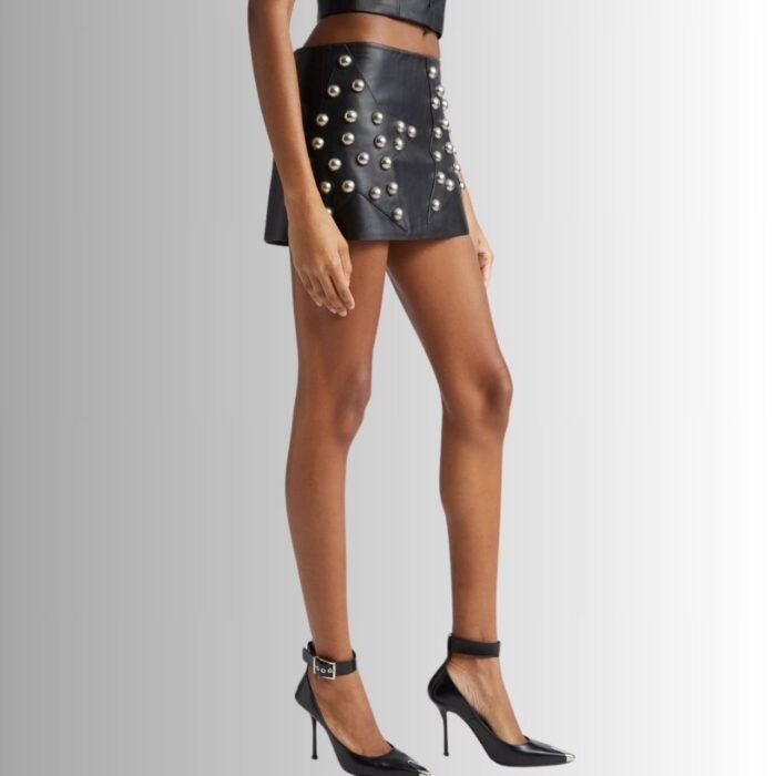 Side view of studded leather skirt