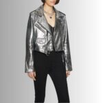 Silver Leather Jacket Women - Front View