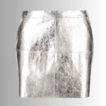 Silver leather mini skirt front view