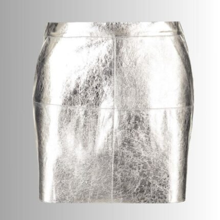 Silver leather mini skirt front view